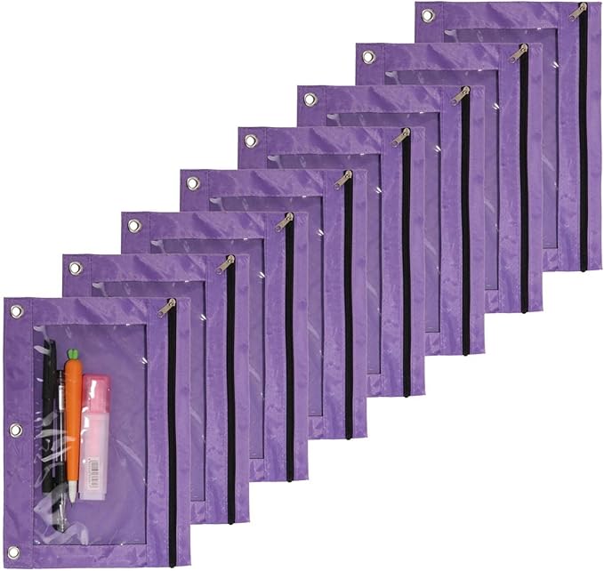 Binder Pencil Pouch 3 Rings Pencil Case with Clear Window for School Classroom Organizers 8 Pcs (Purple)