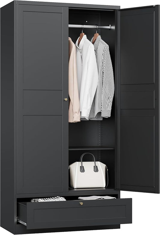 MIIIKO Wardrobe Closet with Drawer, 2 Doors Clothes Cabinet, 72" Metal Storage Cabinets with Hanging Rod and Shelf, Bedroom Armoires Laundry Room and Office Clothes Storage Organizer Cabinets