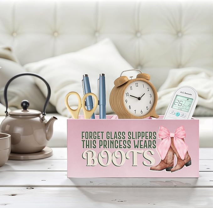 Coquette Pink Bow Cowgirl Makeup Brush Toothbrush Holder, Cowgirl Gifts, Pink Western Wooden Pen Pencil Holder Organizer for Home Office Desk Accessories, Western Gifts for Women