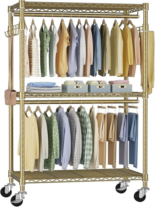 P1 Rolling Clothes Rack, Movable Metal Garment Closet Organizer with Lockable Wheels, Clothing Wardrobe with Double Hanger Rods and Hooks, 35.4" W x 15.7" D x 80.5" H, Load 450lbs, Gold