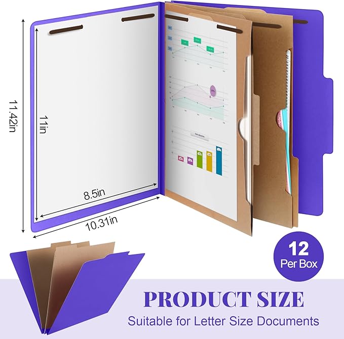 Skyygemm 12 Pcs Classification Folders Letter Size, 2 Pocket Dividers Pressboard File Folder with Fasteners, Expanding File Organizer Bulk for Teachers, Clergy, Office, Church, Christmas (Purple)