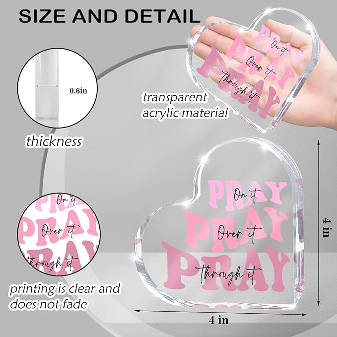 Pray on it Pray over it Pray through it Heart Acrylic Sign, Decorative, Pink Dorm Room Decor for Women, Pink Office Desk Accessories Decor Sign, Bathroom Acrylic Sign(Heart)