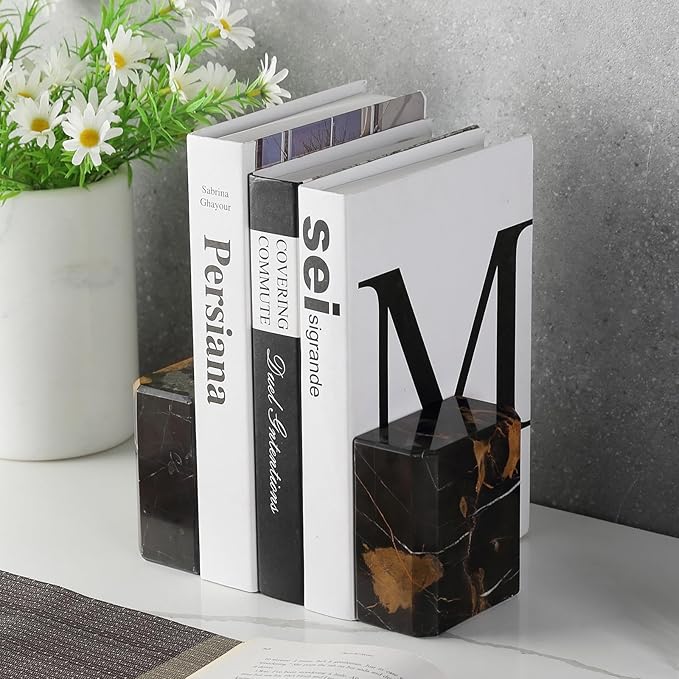 BCS Italy Natural Marble Bookends for Shelves, 7lbs Decorative Book Ends for Heavy Books, Athenian Column Stone Book Holders, Office Bookshelf Stopper Decor for Books, CDs, Video Games (Nero Portoro)