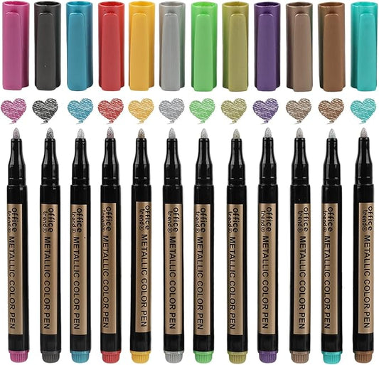 12 Colors Metallic Paint Markers, Medium Tip Acrylic Paint Pens for Black Paper, Scrapbooking Supplies for Vision Board and Art Crafts, Metallic Markers for Rock Painting and Photo Albums