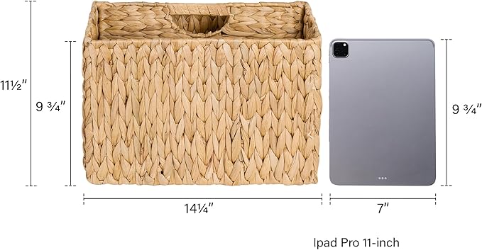 StorageWorks Hand-Woven Divided Magazine Basket, Rattan Magazine Holder, Natural Wicker Magazine Rack for Bathroom, Office, Water Hyacinth, 1 Pack