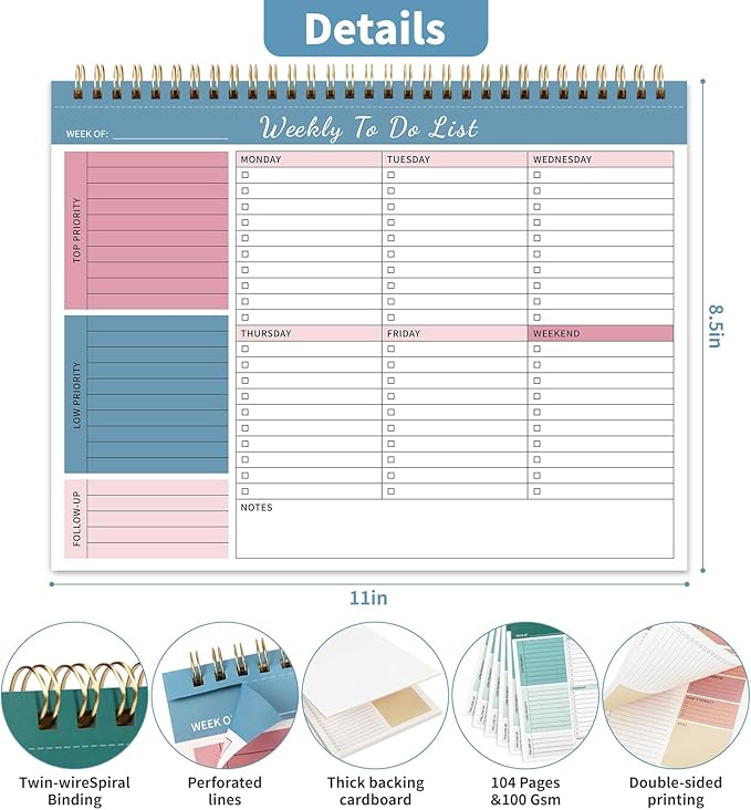 Weekly To Do List Notepad, 52 Undated Sheets （8.5"×11") Duplex-printed Weekly Planner Notepad For Work Home School Office Desk Accessories Supplies & Goal Setting Tasks - Blue