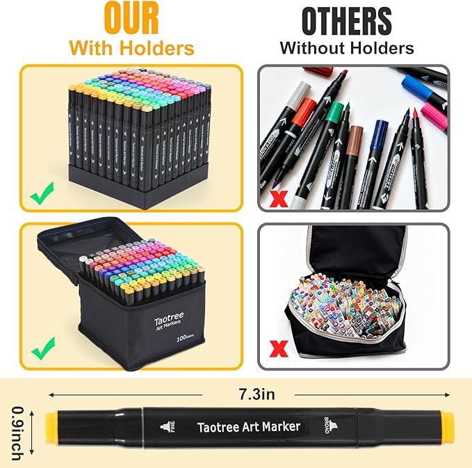 Taotree Alcohol Markers 100 Colors with Case & Holders, Dual Tips Art Coloring Markers Pens, Chisel & Fine Sketch Pens, Art Supplies for Artist Kids Adult Coloring Books Painting, Drawing, Sketching