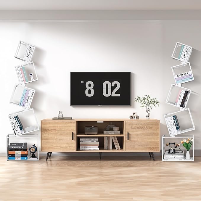 67-Inch 5-Tier Floating Bookshelf – Staggered Geometric Design, Freestanding Metal Storage & Display Rack for Home & Office (White)