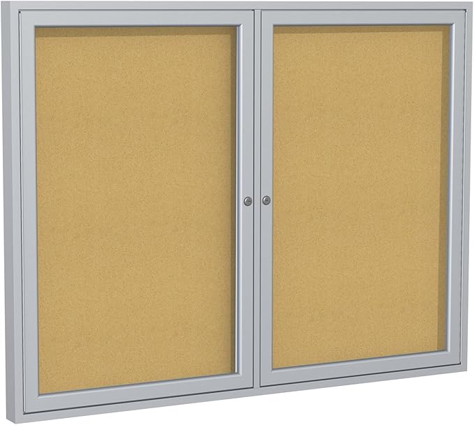 Ghent 36" x 48" 2-Door indoor Enclosed Bulletin Board, Shatter Resistant, with Lock, Satin Aluminum Frame - Natural Cork (PA234K) Made in the USA