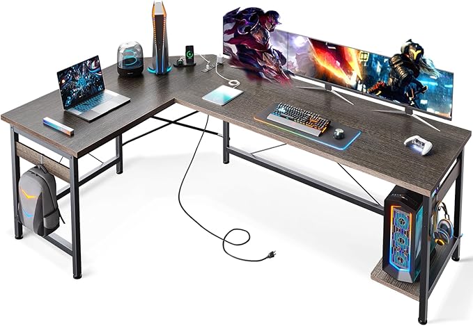Coleshome 66" L Shaped Gaming Desk with Outlet, L Shaped Desk with CPU Stand, Corner Computer Desk, Home Office Desk, Writing Desk, Grey Oak