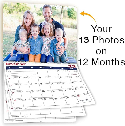 Custom Calendar 2026 for Home & Office - Print Your 13 Memories,Make Your Own Personalized Calendar Customized Christmas Gift &use your photo (Wall Calendar 11"×17", 2 Packs)