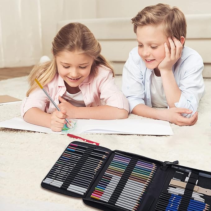 Prina 76 Pack Drawing Set Sketching Kit, Pro Art Supplies with 3-Color Sketchbook, Include Tutorial, Colored, Graphite, Charcoal, Watercolor & Metallic Pencil, for Artists Adults Teens Beginner