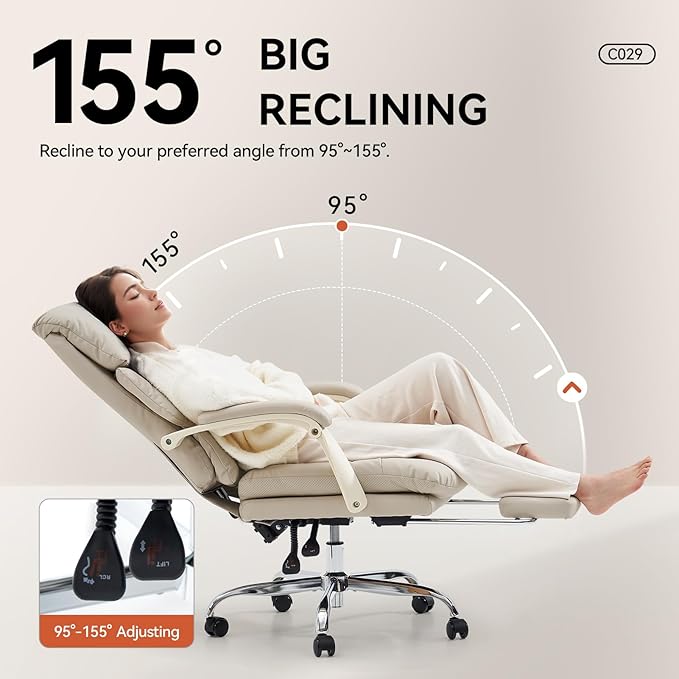 EMIAH Office Chair with Foot Rest, Ergonomic Executive Office Chair with Arms, Reclining High Back PU Leather Comfy Swivel Computer Desk Chairs with Wheels and Lumbar Support for Home Office, Beige