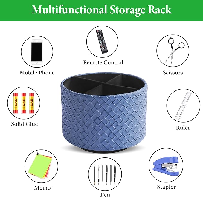 Hennaja Round Leather Art Supply Organizer,Remote Control Holder,360 Degree Spinning,Multi-Functional Pencil Holder,4 Compartments Desktop Stationary Organizer(1-Weave Blue)