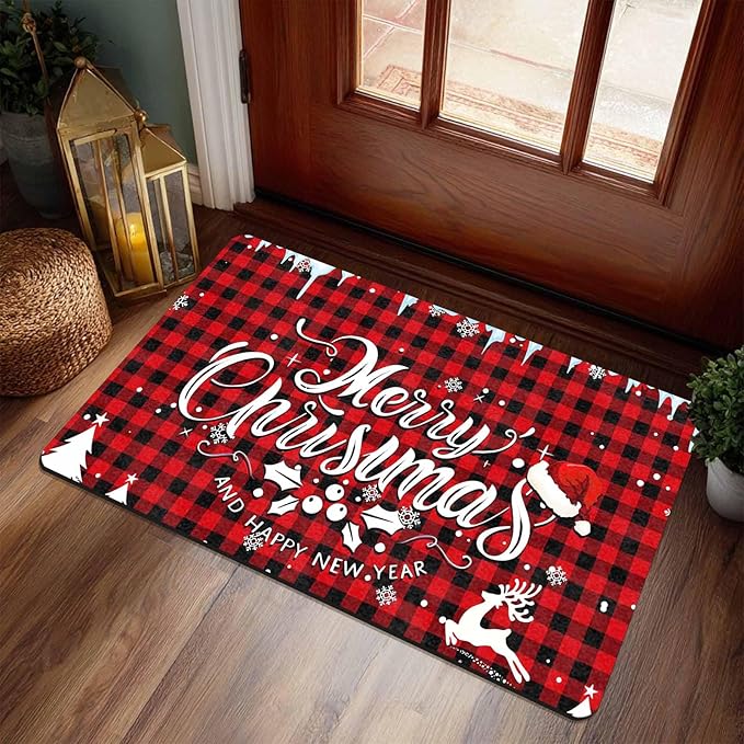 Merry Chirstmas Doormat Buffalo Plaid Door Mat for Front Door, Front Porch Rugs Easy Clean Welcome Mats Outdoor Rug Indoor Outdoor Winter Decor, 18" x 30"Inch
