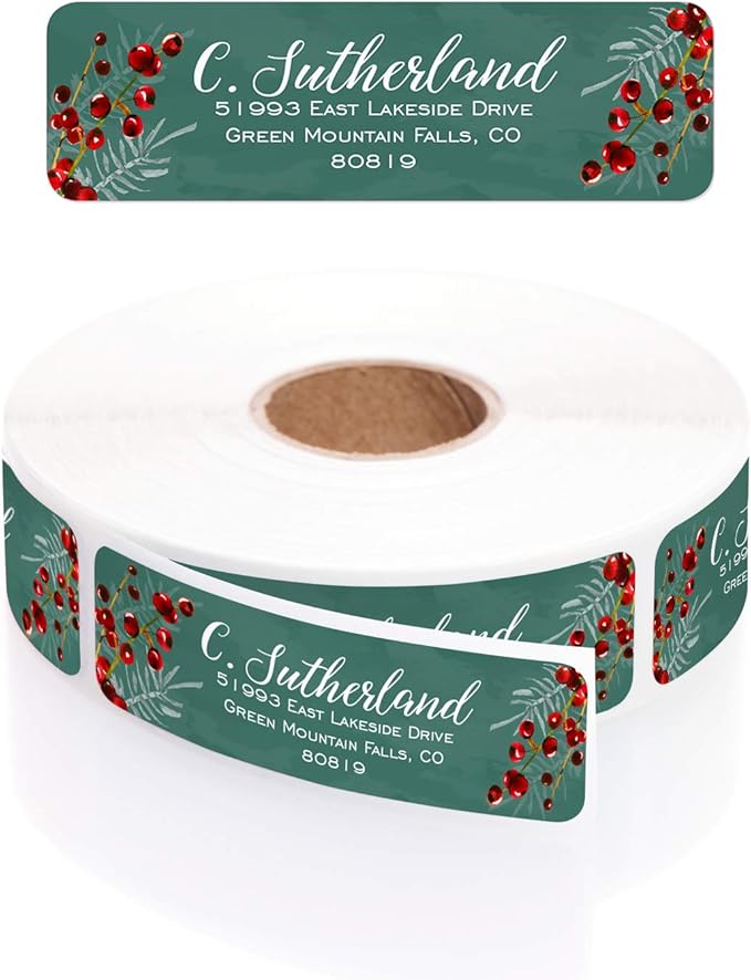 Pine and Berry Rolled Address Labels/Roll of 500 Personalized Return Address Labels/Designer Return Address Stickers in Elegant Plastic Dispenser