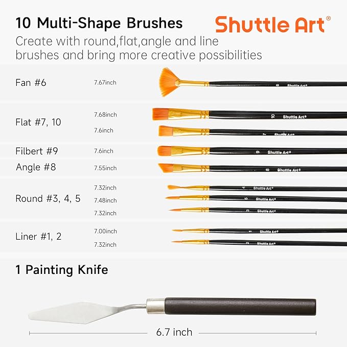 Shuttle Art 48 Pack Acrylic Paint Set, 30 Colors Acrylic Paint (36ml) with 10 Brushes 5 Canvas 1 Paint Knife 1 Palette 1 Art Sponge, Complete Set for Kids, Adults Painting on Canvas Rocks Wood Ceramic
