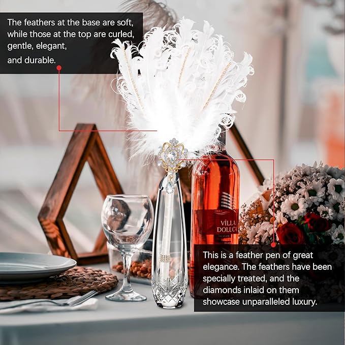 CROWN GUIDE Luxury Feather Quill Pen with Shiny Rhinestones & Curled Goose Feathers- Wedding Guest Book Pen, Great Gatsby/HP Party Supplies, Bridal Shower Gift with Rose Gold Heart Charm (13.8",Pink)