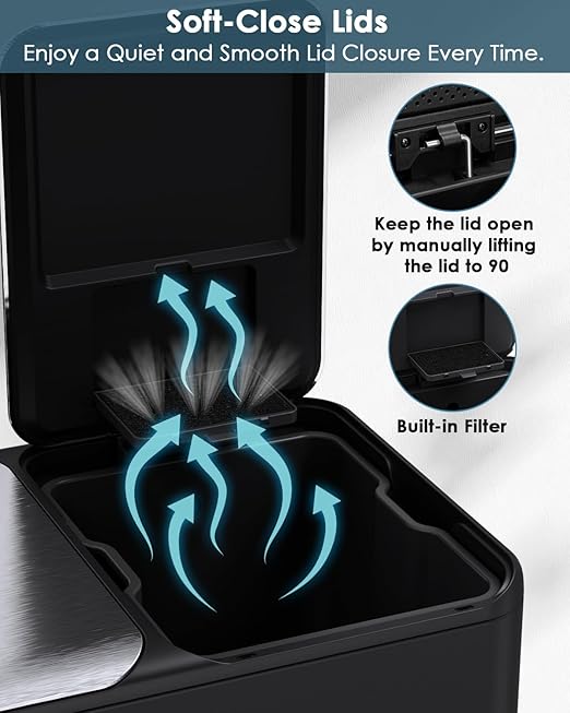 Arlopu 16Gal Dual Trash Can w/2 Built-in Box for Odor Control, Hands-Free Kitchen Garbage Bin, Recycle Waste Dustbin, Soft-Close Lid, 2 Buckets,Foot Pedal, Side Handle, Airtight,for Home Office