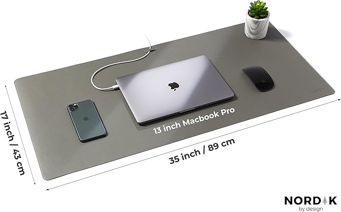 Nordik Leather Desk Mat Cable Organizer - Alaskan Gray 35 X 17 inch - Premium Extended Mouse Mat for Home Office Accessories - Non-Slip Vegan Leather Desk Pad Protector & Desk Blotter Pad