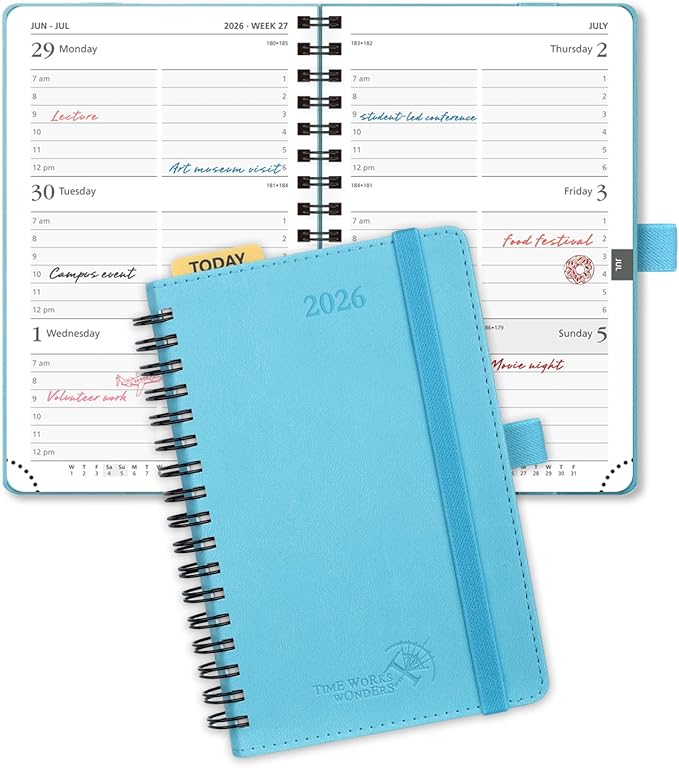POPRUN Pocket 2026 Planner (Small Size- 4'' x 6.25'') Weekly and Monthly for Purse - Calendar 2026 (Jan. 2026 - Dec.2026) with Soft Cover, Plastic Ruler - Blue Green