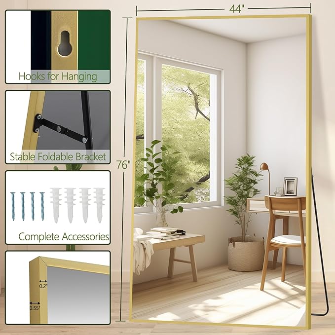MELOMOIR 76"x44" Oversized Floor Mirror Freestanding, Oversized Mirror Full Length for Bedroom Living Room Dressing Room Gym Yoga Hair Salon, Gold Mirror Full Length with Shatterproof Tempered Glass
