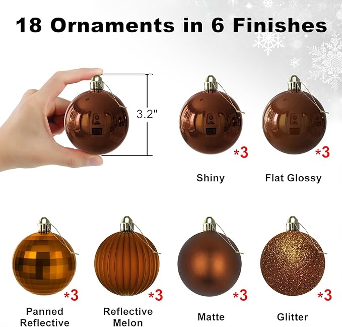 Bronze 3.2" Large Christmas Balls - Christmas Tree Decoration Ornaments Shatterproof Hanging Balls for Birthday Halloween Holiday Wedding Decorations Set of 18pcs
