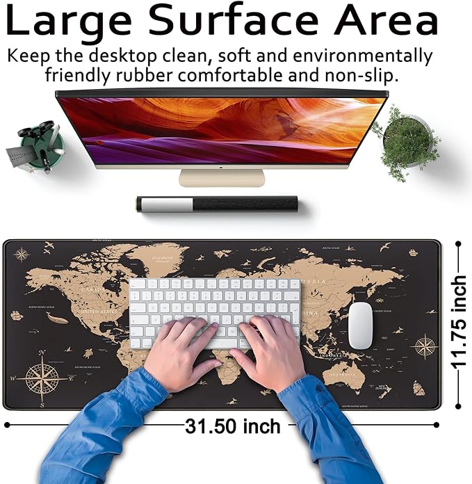 World Map Desk Mat Historical World Map Desk Pad Extra Large Computer Mouse Pad XL Black Topographic Mousepad Keyboard Pad for Desk Gaming Computer Laptop Office Non-Slip Desk Pad 31.5x11.8 in