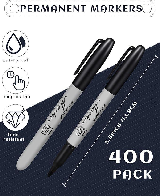 Thenshop 400 Pack Permanent Markers Bulk Black Permanent Marker Set Fine Point Pens Work on Wood, Metal, Stone, Glass