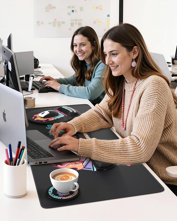 HAOCOO 4-in-1 Cute Desk Mat Set, Ergonomic Mouse Pad with Gel Wrist Rest, Memory Foam Keyboard Wrist Rest for Pain Relief, Desktop Protector Coaster, Comoputer Pads with Non-Slip Base(Black)