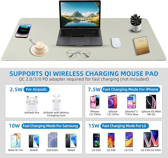 Wireless Charging Mouse Pad with for Desktop Charging Large Desk Mat 32"x16" Waterproof Gray Leather Computer Mat Mousepad Non-Slip Protector on Top of Desks for Keyboard and Mouse (Gray-L)