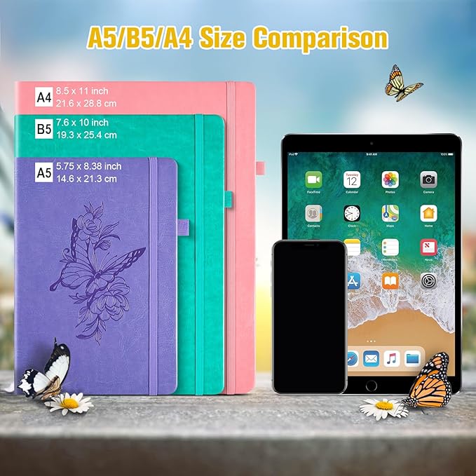 Lined Notebook Journal for Women Men, 312 Numbered Pages B5 Thick Leather Journals for Writing, Daily Diary Journal for Work School, Hardcover College Ruled Notebook, Butterfly Flower Notebook, Yellow