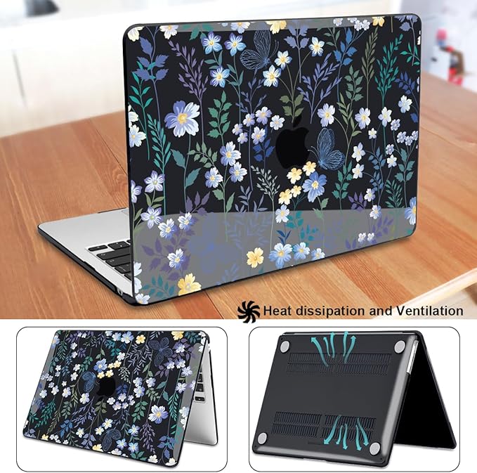 for MacBook Air 13.6 inch Case 2025 2024 2023 2022 Release Model A3240 M4 A3113 M3 A2681 M2, Printed Pattern Plastic Hard Shell for 2025 Mac Air 13.6 M4 Cover, Meadow Wildflower Black
