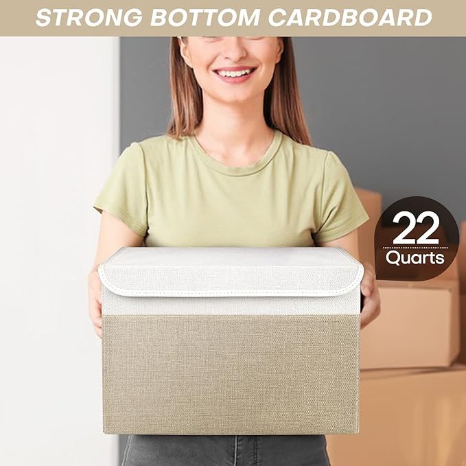 Large 22 Quart Linen Fabric Foldable Storage Bin Cube Organizer Basket with Flip-Top Lid & Handles, Clothes Blanket Box for Home, Office, Closet, Beige & White, 4 Pack 14.6 x 9.5 x 9.5”