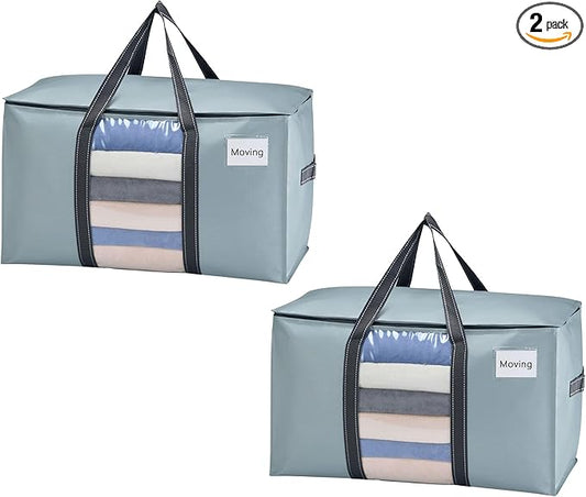 VENO 2 Pack Moving Bags, Moving Supplies, Moving Boxes, College Packing Storage Boxes with Lids Alternative, Heavy Duty Totes, Extra Large, Sturdy Handles, Zipper (Light Blue with Window, 2 Pack)