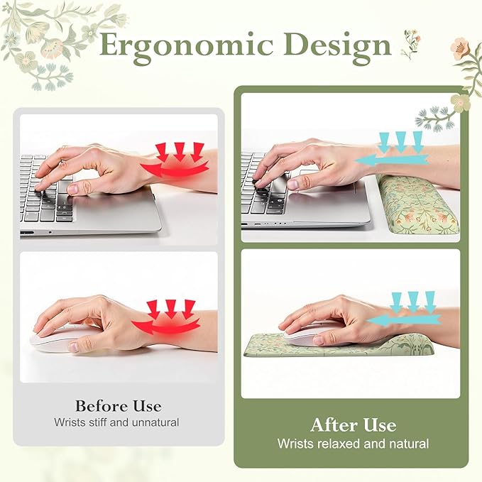 iLeadon Mouse Pad with Wrist Rest, Non-Slip Desk Mat for Keyboard and Mouse, Mouse Pad Sets for Women Desk, Wrist Pads for Keyboard, Floral Mat for Home Office (Light Green)