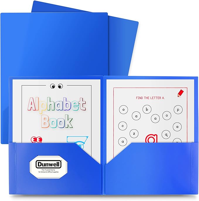 Dunwell Plastic Folders with Pockets (Blue, 3 Pack), 2 Pocket Poly Folders for School, Home or Office, Durable Acid-Free Poly, Includes Removable Adhesive Labels