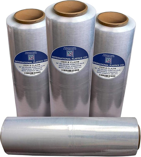 International Plastics Co. 18" Stretch Film/Wrap 1500 feet 7 Layers 80 Gauge Industrial Strength up to 800% Stretch 20 Microns Clear Durable Adhering Packing Moving Heavy Duty Shrink Film Box of 4