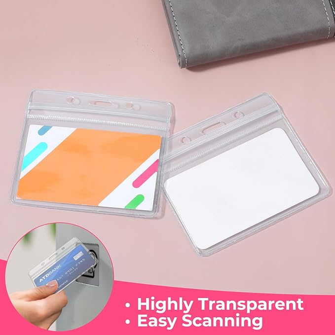 300 Pcs Clear Plastic Horizontal Name Badge ID Card Holders, 3.9 x 3.3 in Horizontal Plastic Name Tags with Waterproof Resealable Zip Transparent PVC Sleeve Cover for Office School