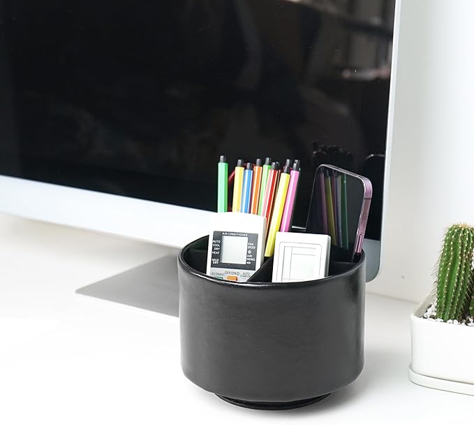 Hennaja Round Leather Art Supply Organizer,Remote Control Holder,360 Degree Spinning,Multi-Functional Pencil Holder,4 Compartments Desktop Stationary Organizer(1-Oil Black)