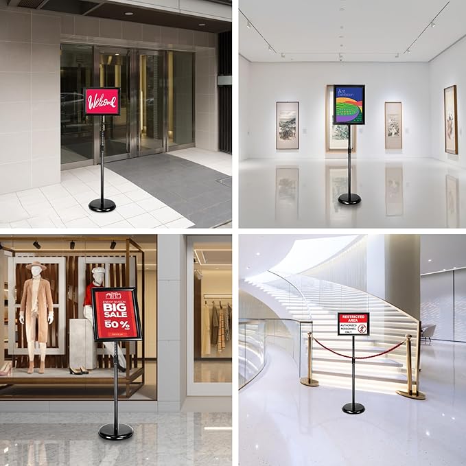 Adjustable Poster Sign Stand Holder Heavy Duty Snap Open Aluminum Pedestal Floor Standing Sign Holder Vertical and Horizontal View Sign Displayed,Advertising Display Stand (Black, 8.5x11inches)