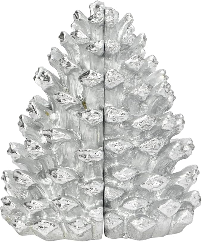 Creative Co-Op Decorative Resin Pinecone Bookends, Silver Finish, Set of 2
