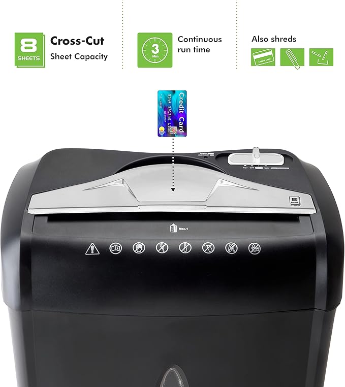 Aurora High Security Paper and Credit Card Shredder with 3.7-Gallon Wastebasket, 8-Sheet Cross-Cut with Basket