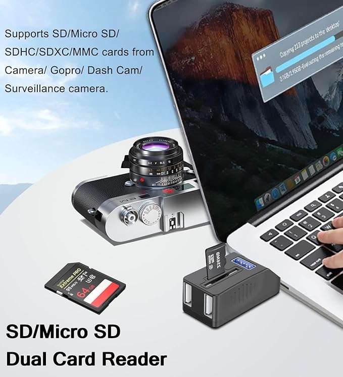 VIENON 5-Port USB 3.0 Hub with SD TF Card Reader, USB Extender Adapter with Memory SD/Micro SD Card Reader, USB 3.0/2.0 Ports, Portable USB Splitter for Laptop,PC, Camera, Flash Driver, HDD, Dash Cam