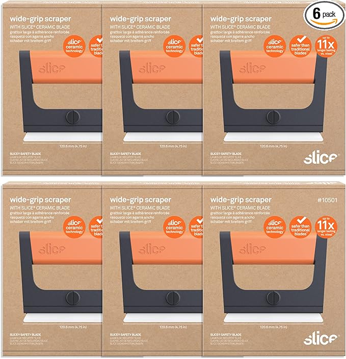 Slice 10501 Wide Scraper, Easy Clean, Ceramic Blade Lasts 11x as Long as Metal, Finger Friendly, Never Rusts, Safety Cap, Short Handle, 6 Pack