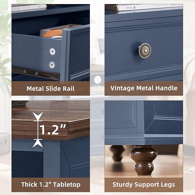 24" Wide Farmhouse Nightstand with Charging Station, End Table with 2 Drawers, Blue Wood Dresser for Bedroom Cabinet, Bed Side Table Chest of Drawers, Night Stand for Living Room, Closet