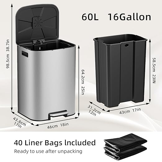 KUK 16 Gallon Kitchen Trash Can with Lid, Heavy Duty Hands-Free Stainless Steel Commercial Step Trash Bin with Removable Inner Bucket, Pedal Rubbish Bin for Home Office and Kitchen, 60L/16Gal