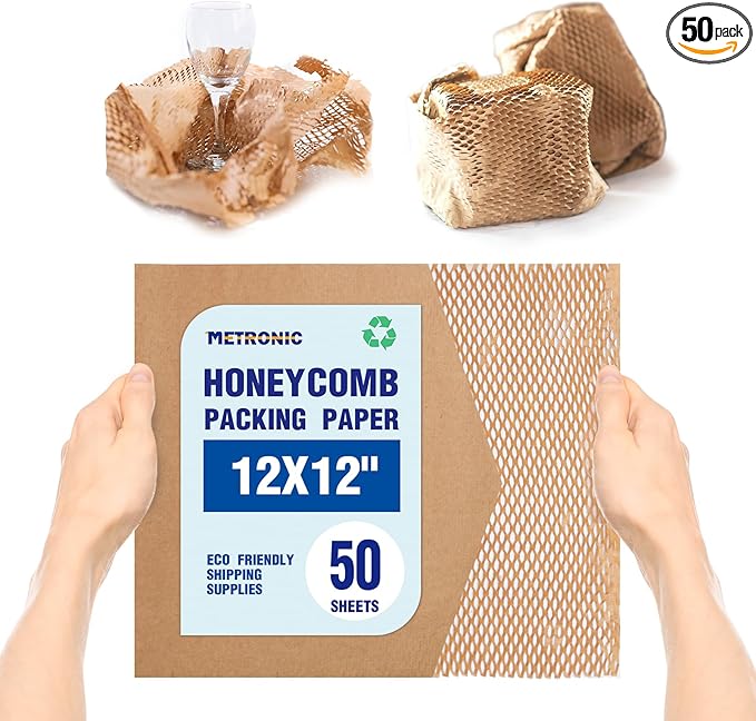 METRONIC 12 x 12" Honeycomb Packing Paper Sheets for moving 50 Pcs, Wrapping Papers for Bubble Cushioning Wrap and Shipping Packaging, Brown