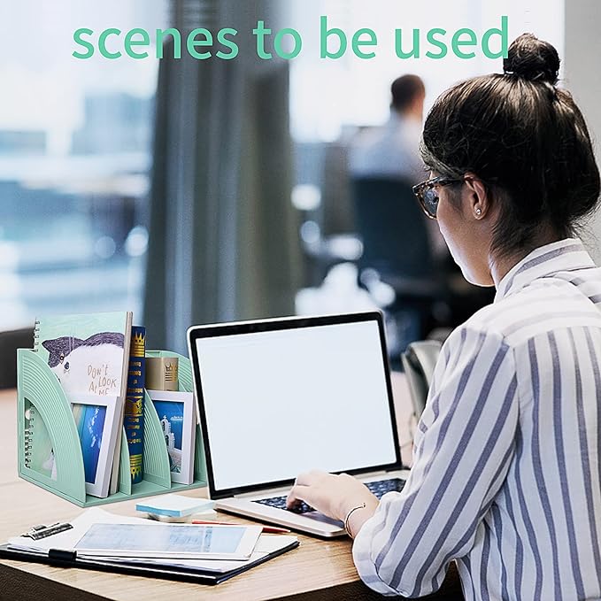 SAYEEC Magazine File Holder Folder Storage Desktop 4 Compartment Standing Hollow Green Files Bookshelf Organizer Box Office Racks Displays Holds Notebooks Documents for School Working Students