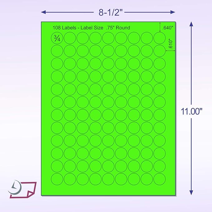 NextDayLabels - 8-1/2 x 11 Neon Color High Light Fluorescent Labels for Laser & Inkjet Printer (Green Fluorescent, 3/4" Round - 108 Per Page | 2700 Labels)
